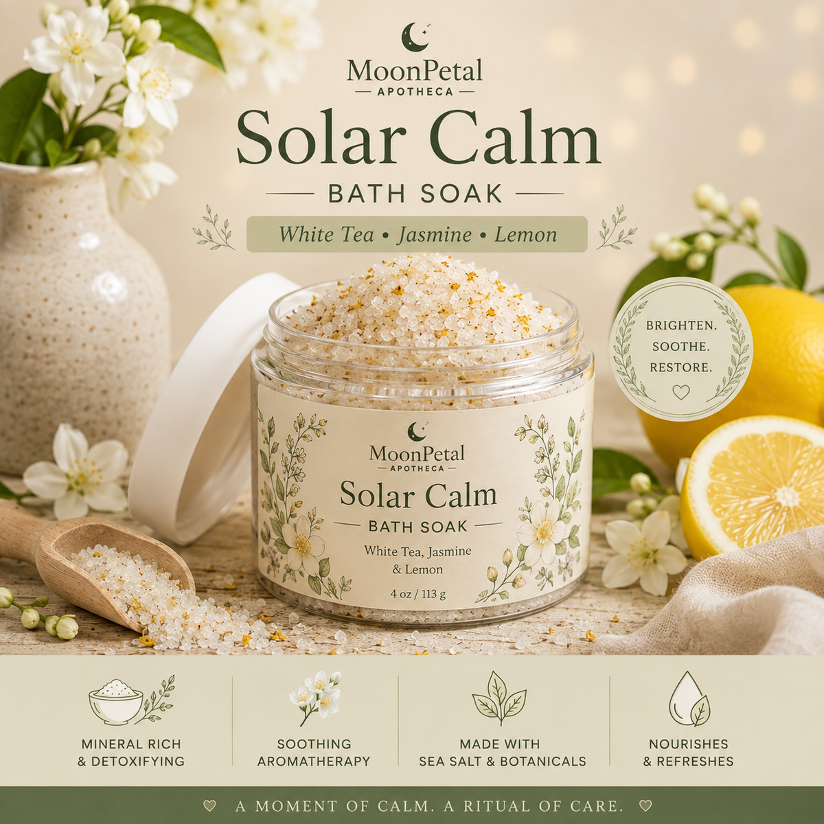 Solar Calm Bath Soak (White Tea, Jasmine, & Lemon)