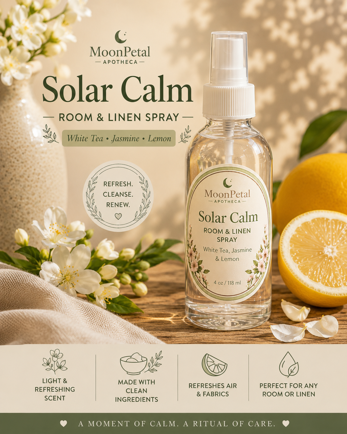 Solar Calm Room & Linen Spray (White Tea, Jasmine, & Lemon)